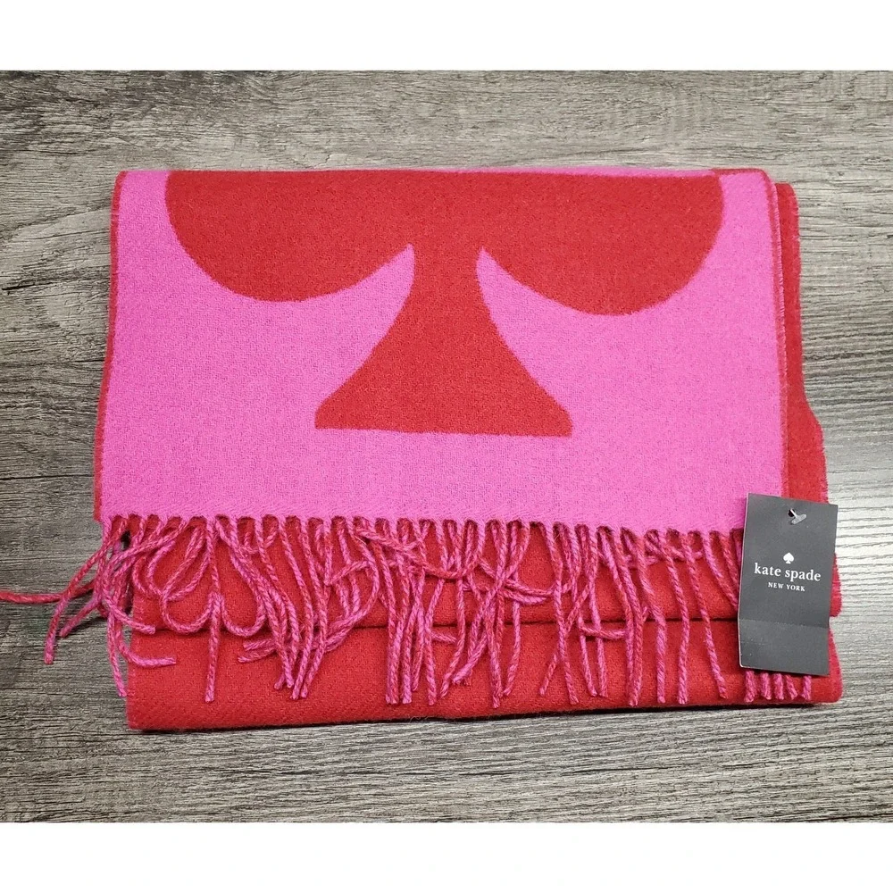 Kate Spade Wool Cashmere Scarf Oversized Designer Spade Logo Red & Pink NWT